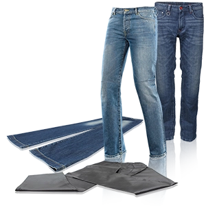 Two blue motorcycle jeans and protective inserts on a white background.